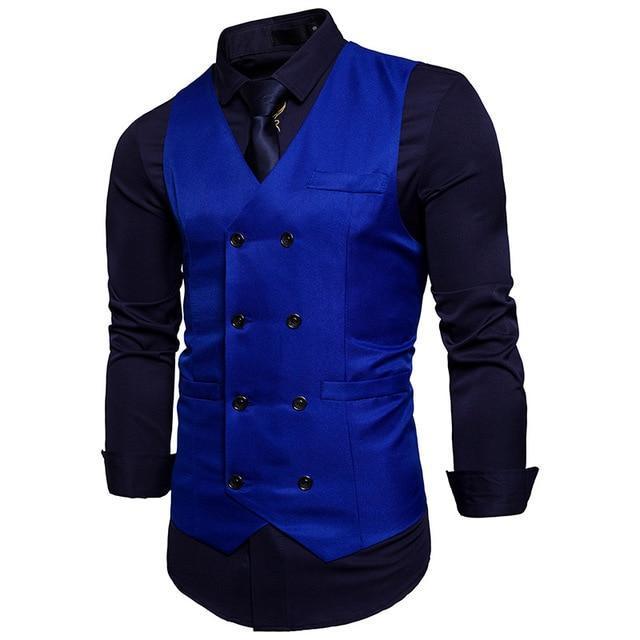 Designer Dress Vests For Men - Slim Fit Men's Suit Vest - Double Breasted Waistcoat-Dark Blue-L-JadeMoghul Inc.
