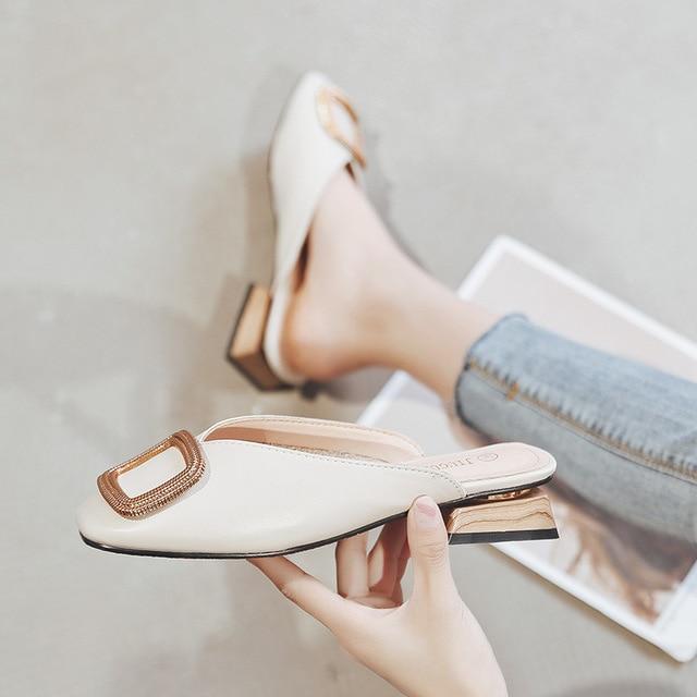 Designer Women Pumps Slippers Slip on Mules Low Heel Casual Shoes British Wooden Block Heels Summer Pumps Footwear AExp