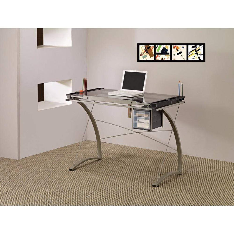 Desks and Hutches Sophisticated Metal Drafting Desk With Tempered Glass Top, Gray Benzara