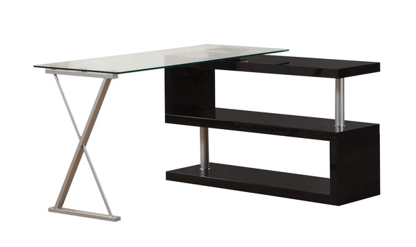 Desks Black Desk - 55" X 47" X 30" Black High Gloss & Clear Glass Office Desk HomeRoots