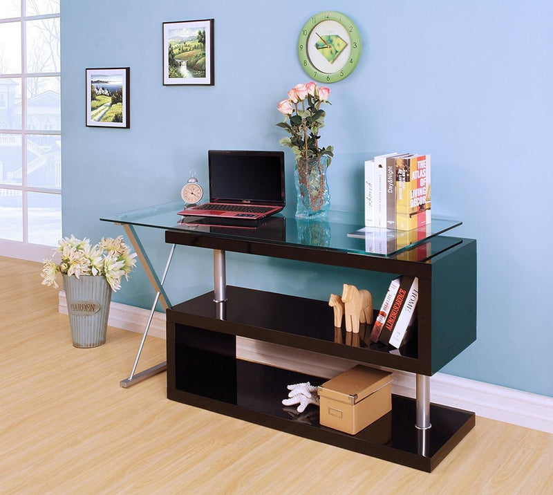Desks Black Desk - 55" X 47" X 30" Black High Gloss & Clear Glass Office Desk HomeRoots