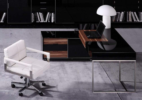 Desks Home Office Desk - 29.5" Black Gloss and Walnut Veneer and Stainless Steel Office Desk HomeRoots