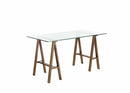Desks Rectangular Glass Top Desk with Metal Sawhorse Style Legs, Bronze and Clear Benzara