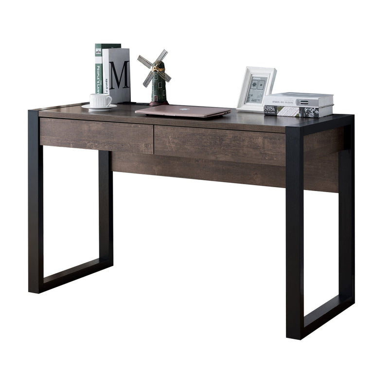 Desks Rectangular Wooden Desk with Electric Outlet and Sled Leg Support, Black and Brown Benzara