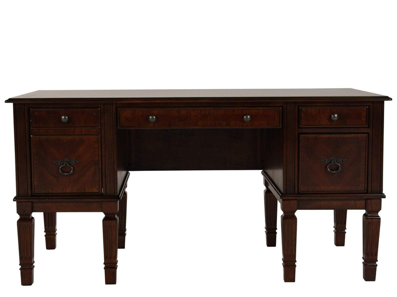 Desks Spacious Wooden Desk with Pilaster Leg Storage and Keyboard Tray, Brown Benzara