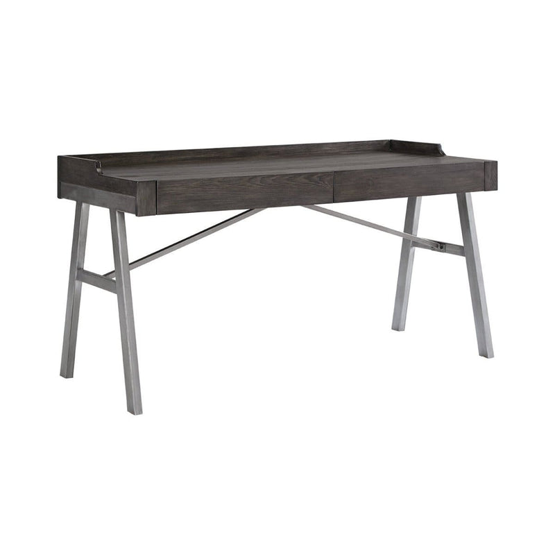 Two Drawers Wooden Top Desk with Angled Metal Base, Gray and Black
