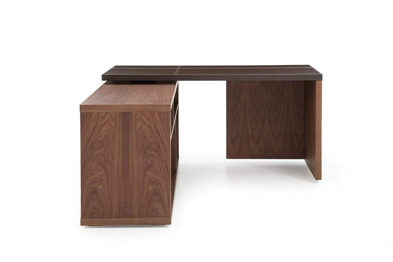 Desks Vanity Desk - 29" Walnut and Brown Veneer L-Shaped Desk with a Leather Top HomeRoots