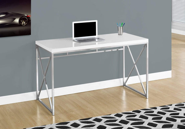 Desks White Desk - 29.75" Glossy White Particle Board and Chrome Metal Computer Desk HomeRoots