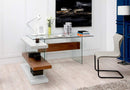 Desks White Desk - 30" White and Walnut Veneer, MDF, and Glass Desk with Shelves HomeRoots