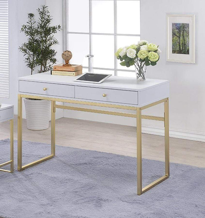 Desks White Desk - 42" X 19" X 31" White And Brass Particle Board Desk HomeRoots