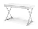 Desks White Desk - Desk Large, High Gloss White, Two Drawers, Stainless Steel Base HomeRoots