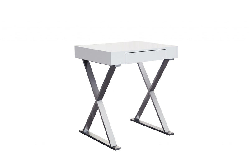 Desks White Desk - Desk Small, High Gloss White, One Drawer, Stainless Steel Base HomeRoots
