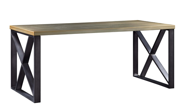 Wooden Desk with X Framed Metal Side Panel Support, Black and Gold