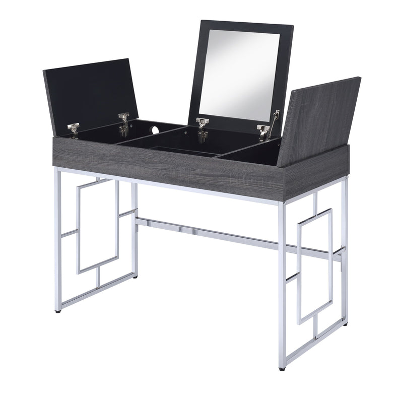 Wooden Vanity Desk with Three Storage Compartments and Metal Legs, Gray and Silver