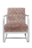 Diamond Grid Patterned Velvet Upholstered Accent Chair with Metal Arms and Legs, Pink and Silver-Accent Chairs-Pink and Silver-Wood Velvet and Metal-JadeMoghul Inc.