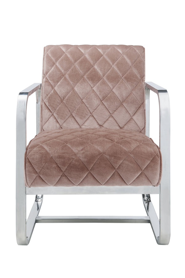 Diamond Grid Patterned Velvet Upholstered Accent Chair with Metal Arms and Legs, Pink and Silver-Accent Chairs-Pink and Silver-Wood Velvet and Metal-JadeMoghul Inc.