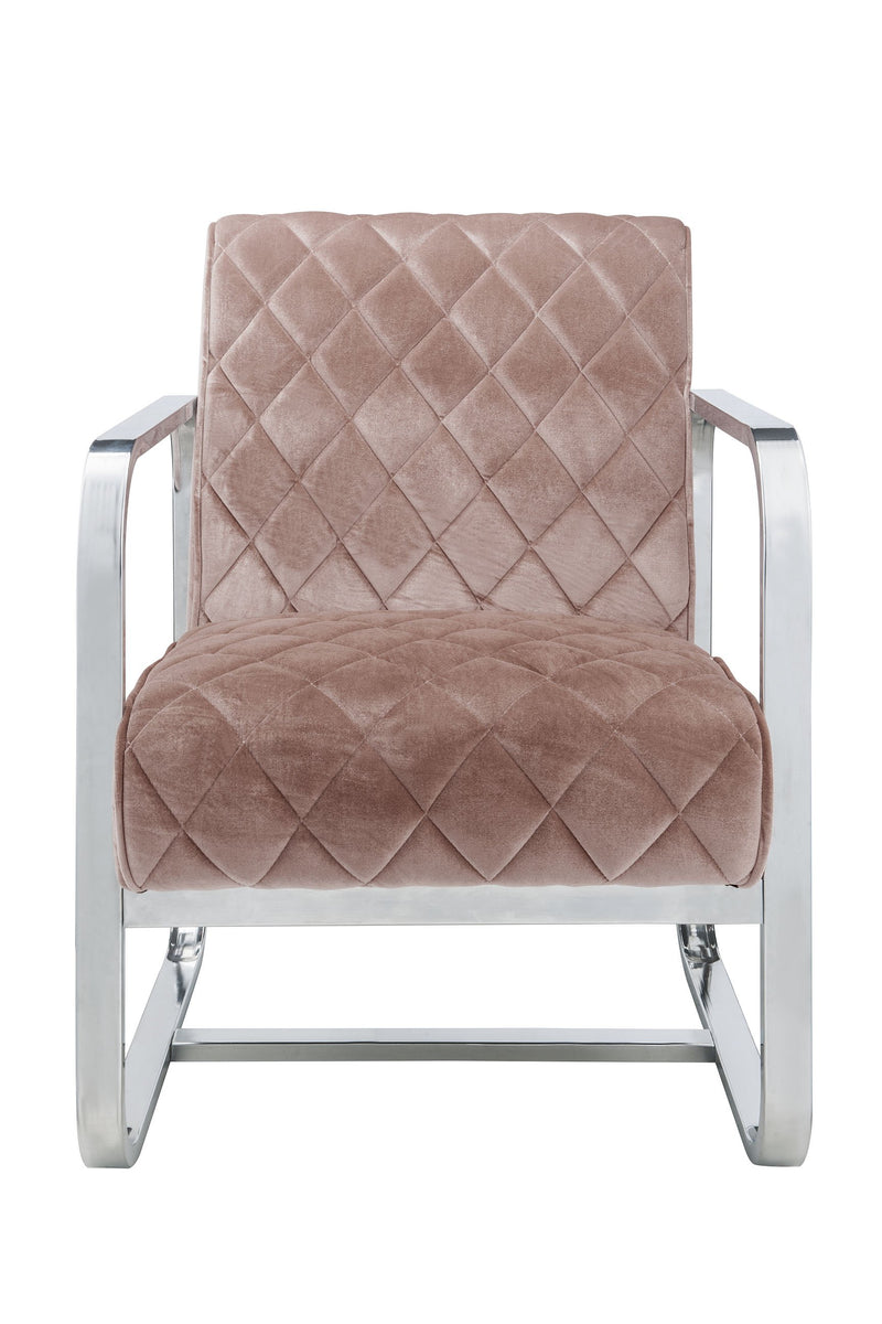 Diamond Grid Patterned Velvet Upholstered Accent Chair with Metal Arms and Legs, Pink and Silver-Accent Chairs-Pink and Silver-Wood Velvet and Metal-JadeMoghul Inc.