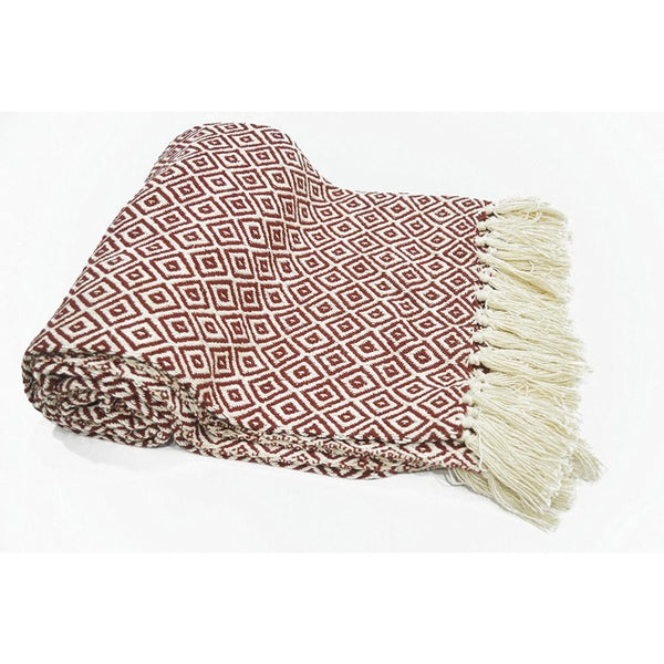 Diamond Pattern Cotton Throw With Fringed Ends, Rust-Ivory-Area Rugs-Rust;Ivory-Cotton-JadeMoghul Inc.