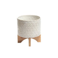 Diamond Patterned Ceramic Flower Pot with Wooden Stand, Large, White and Brown-Vases-White and Brown-Ceramic and Wood-JadeMoghul Inc.