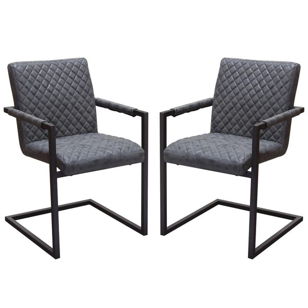 Diamond Tufted Leatherette Dining Chairs with Metal Cantilever Base, Gray and Black, Pack of Two-Dining Chairs-Gray and Black-Faux Leather and Metal-JadeMoghul Inc.