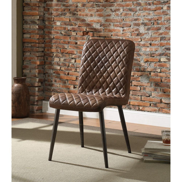 Dimond Patterned Faux Leather Upholstered Metal Side Chair, Set of Two, Brown-Accent Chairs-Brown-Faux Leather and Metal-JadeMoghul Inc.