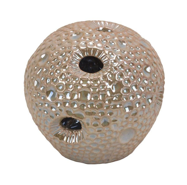 Dimpled Pattern Decorative Ceramic Sea Urchin Orb with Cutout Details, Glossy Beige-Decorative Objects-Beige-Ceramic-JadeMoghul Inc.