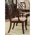 Dining Chairs Solid Wooden Arm Chair With Beige Fabric Seat, Cherry Brown & Beige (Set Of 2) Benzara