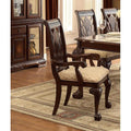 Dining Chairs Traditional Style Wooden-Fabric Dinning Arm Chair With Carved Details, Brown & Cream, Set of 2 Benzara