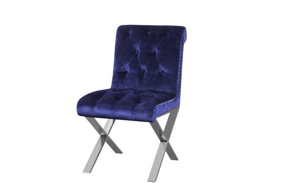 Dining Chairs Velvet Button Tufted Dining Side Chairs with Steel X Style Legs, Blue and Silver, Set of Two Benzara