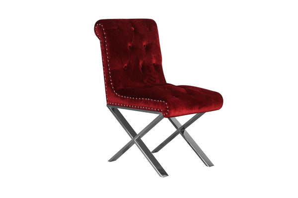 Dining Chairs Velvet Button Tufted Dining Side Chairs with Steel X Style Legs, Red and Silver, Set of Two Benzara