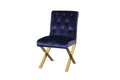 Dining Chairs Velvet Upholstered Dining Side Chairs with Steel X Style Legs, Blue and Gold, Set of Two Benzara