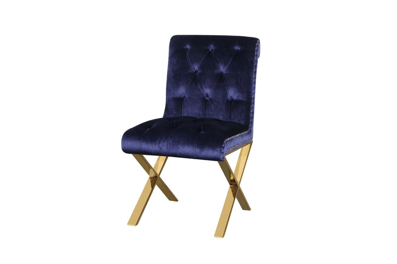 Dining Chairs Velvet Upholstered Dining Side Chairs with Steel X Style Legs, Blue and Gold, Set of Two Benzara