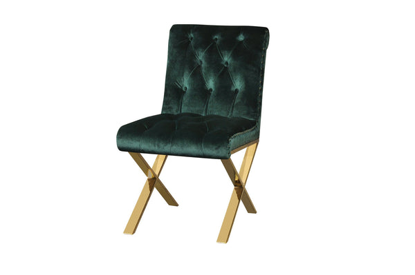 Dining Chairs Velvet Upholstered Dining Side Chairs with Steel X Style Legs, Green and Gold, Set of Two Benzara