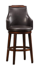 Wood & Leather Bar Height Chair With Swivel Mechanism, Oak Brown & Black, Set Of 2