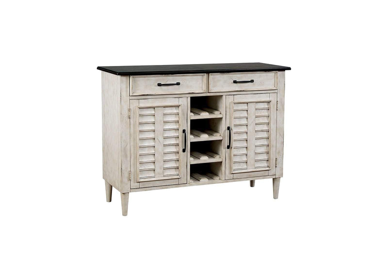 Dining Furniture Rustic Solid Wood Server with Louvered Side Door Cabinets, White Benzara