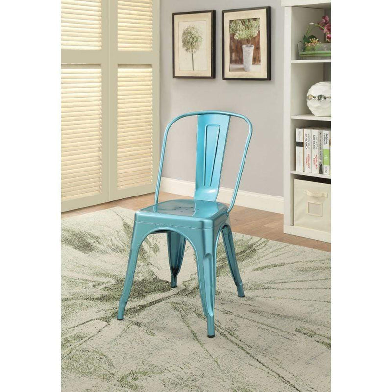Dining Furniture Set of Two Metal Dining Side Chairs, Glossy Blue Benzara