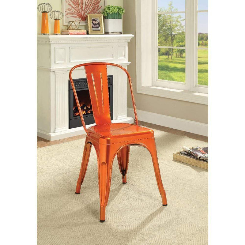 Dining Furniture Set of Two Metal Dining Side Chairs, Glossy Orange Benzara