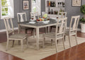 Dining Room Sets Rustic Solid Wood and Fabric Dinning Set with Six Chairs ,Pack of Seven, White and Gray Benzara