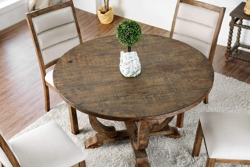 Dining Tables Rustic Wooden Round Dining Table with Curled Pedestal Base, Antique Oak Brown Benzara