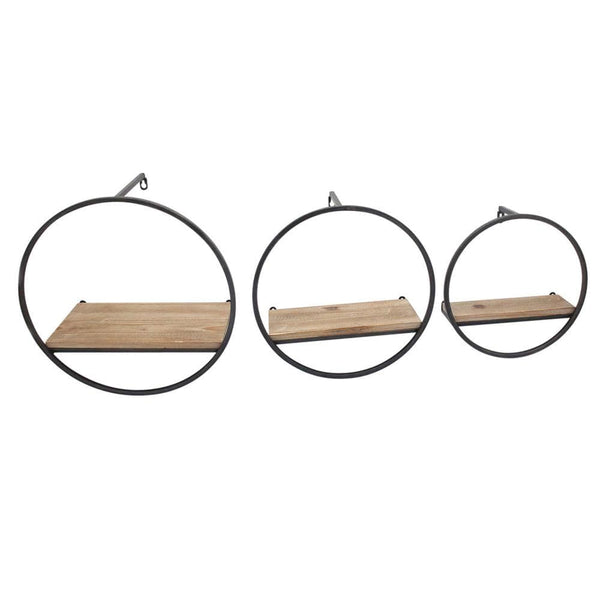 Display and Wall Shelves Round Shape Metal And Wood Wall Shelf, Brown, Set Of 3 Benzara