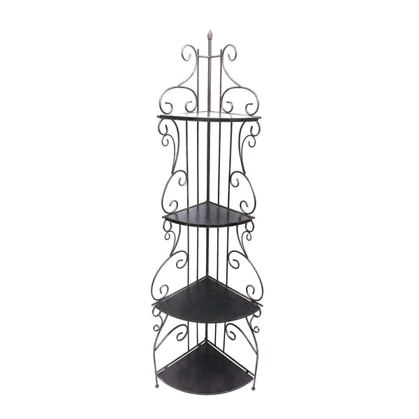 Display and Wall Shelves Scrollwork Design Metal Corner Bookcase with Four Wooden Shelves, Black and Copper Benzara