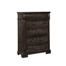 Distressed Five Drawer Wooden Chest with Metal Bail Handles, Brown-Cabinet and Storage Chests-Brown-Wood Veneer Solid Wood and Metal-JadeMoghul Inc.