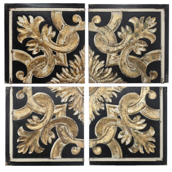 Distressed Fresco Panels With Traditional Motif In Wood, Black & Gold, Set of 4-Wall Decor-Black & Gold-Wood-JadeMoghul Inc.