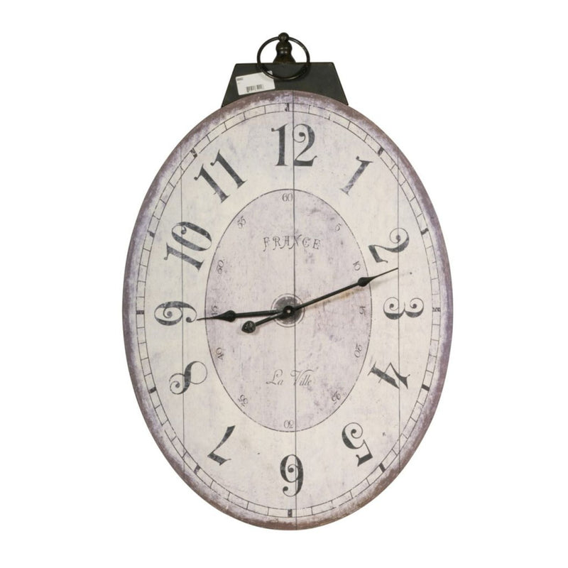 Distressed Oval Shape Wooden Wall Clock with Ring Hanger, White and Black-Wall Clocks-White and Black-MDF, Metal-JadeMoghul Inc.
