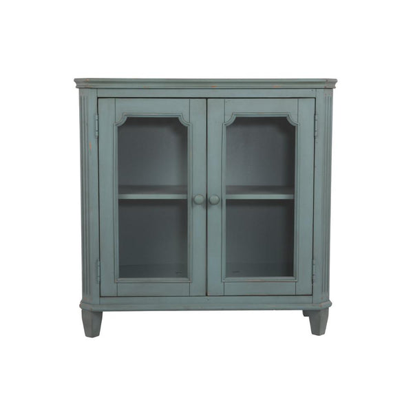 Distressed Wooden Accent Cabinet with Glass Front Doors Storage, Vintage Blue-Boo Cabinets & Carts-Blue-Wood Veneer engineered wood and metal-JadeMoghul Inc.