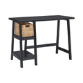 Distressed Wooden Desk with Two Display Shelves and Trestle Base, Small, Black-Desks-Black-Wood-JadeMoghul Inc.