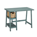 Distressed Wooden Desk with Two Display Shelves and Trestle Base, Small, Teal Blue-Desks-Blue-Wood-JadeMoghul Inc.
