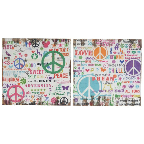 Distressed Wooden Wall Plaques With Colorful Doodles, Set of 2-Wall Decor-Multicolor-Wood-JadeMoghul Inc.