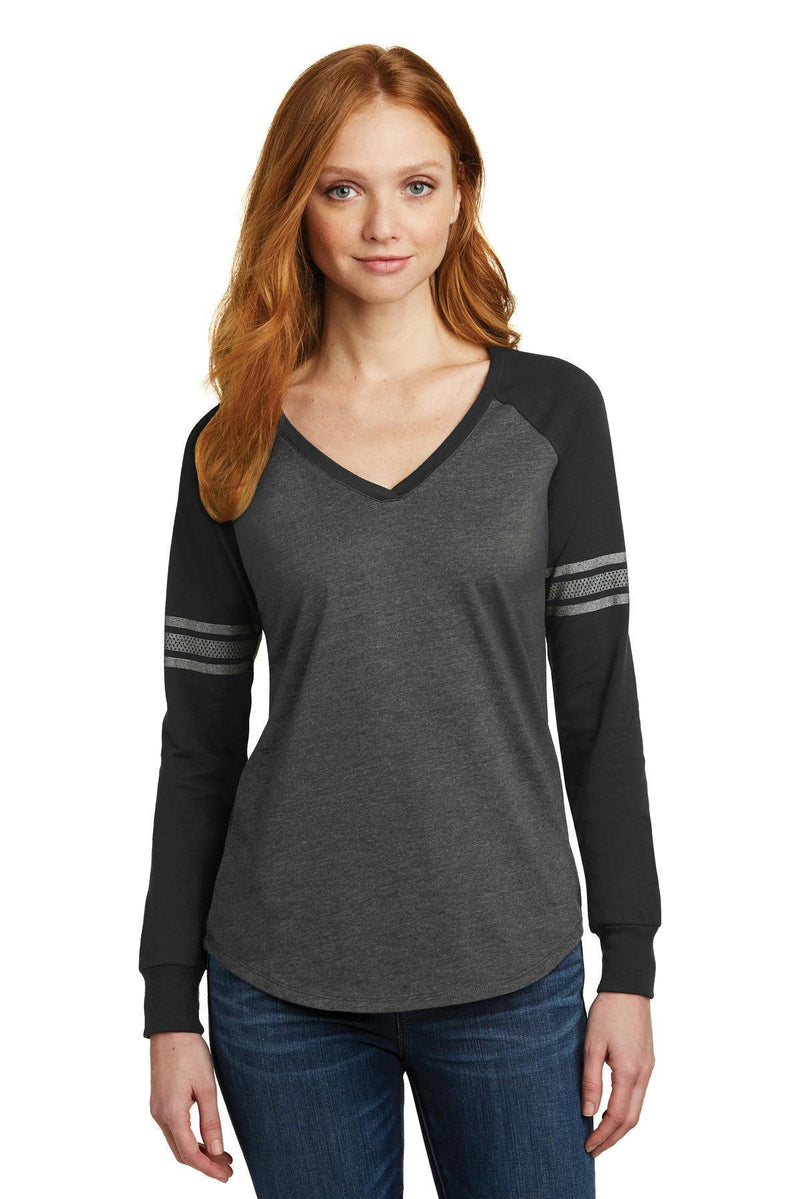 District Made Ladies Game Long Sleeve V-Neck Tee. DM477-T-shirts-Heathered Charcoal/ Black/ Silver-4XL-JadeMoghul Inc.