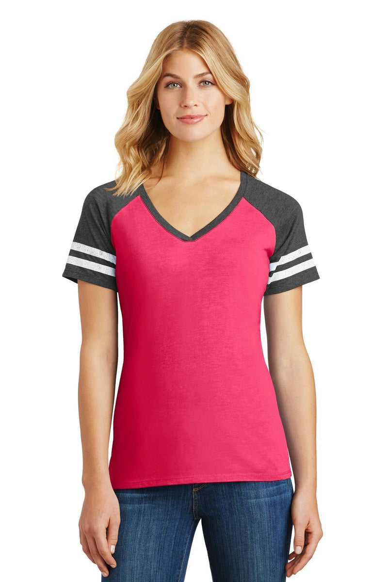 District Made Ladies Game V-Neck Tee. DM476-T-shirts-Heathered Watermelon/ Heathered Charcoal-3XL-JadeMoghul Inc.